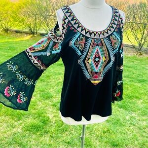 Vintage Collection Embroidered Boho Cold Shoulder Bell Sleeve Top - Size S